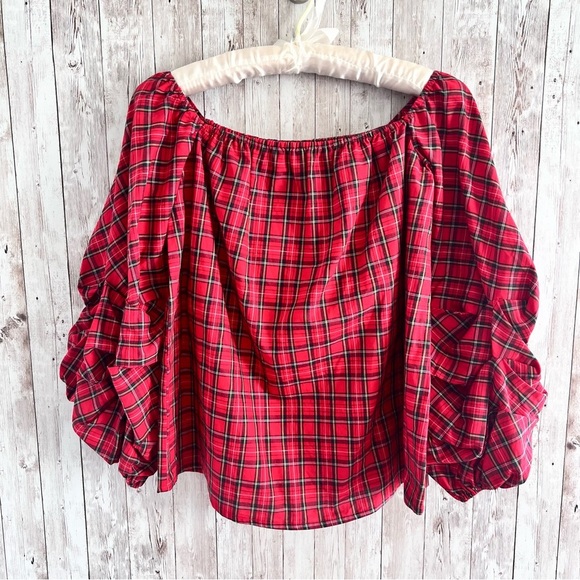 Plaid Off Shoulder Holiday Ruffle Top - Picture 3 of 8